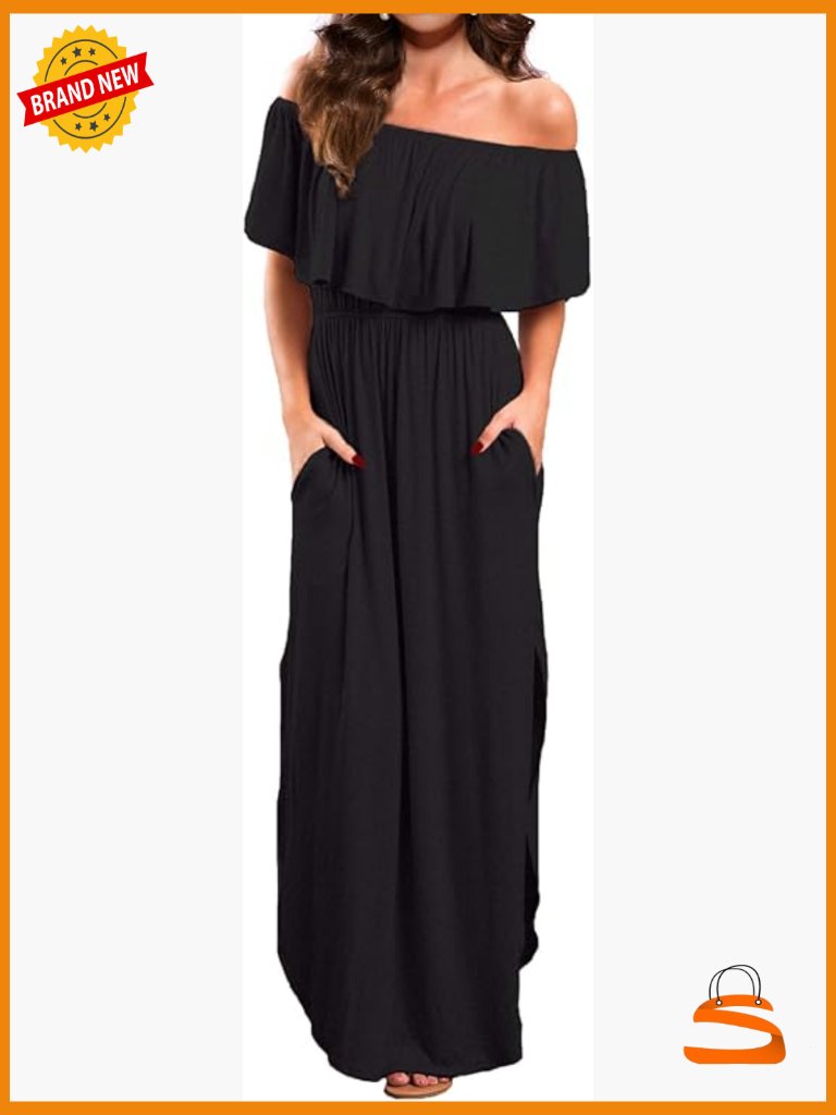 Off Shoulder Summer Casual Long Ruffle Beach Maxi Dress With Pockets